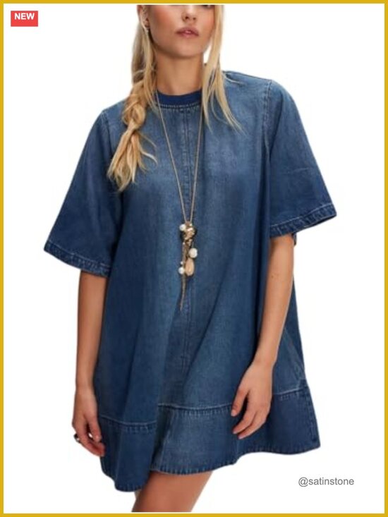 Dresses & Skirts - Short Sleeve Denim Dress Crew Neck Loose Fit Jean Mini Dress with Pockets